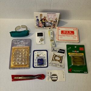 Vintage Sewing Notions Lot 11 pcs Needles Pins Bobbins Quilting Tools Buckles